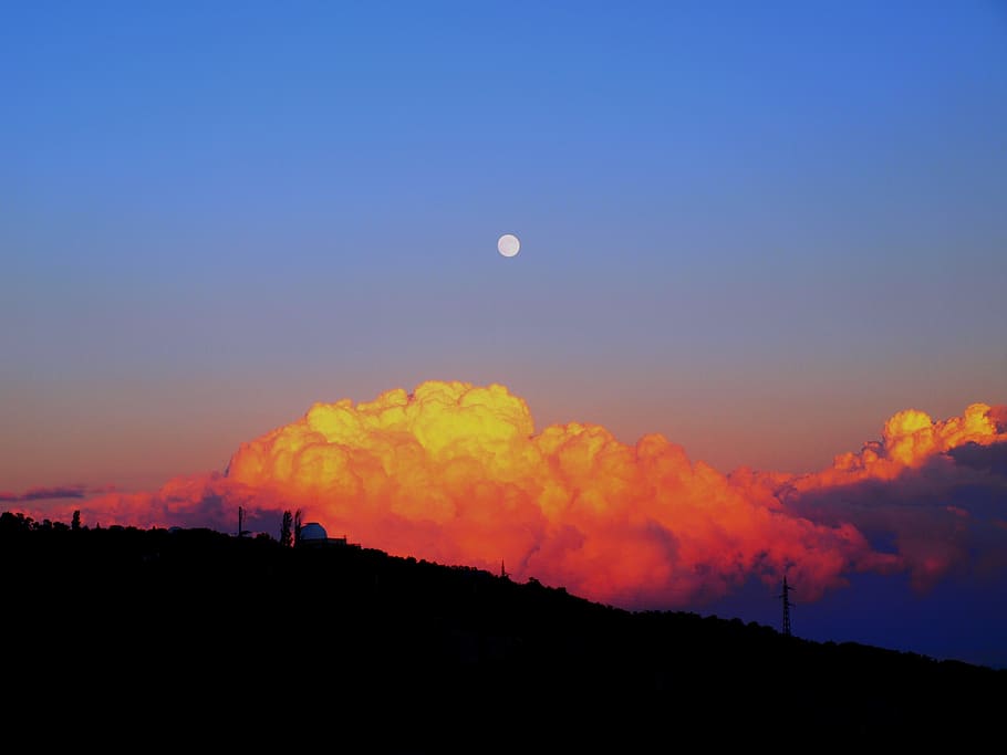 stunning, sunset, cloudscape, sky, clouds, evening, moon, color, colorful, dramatic
