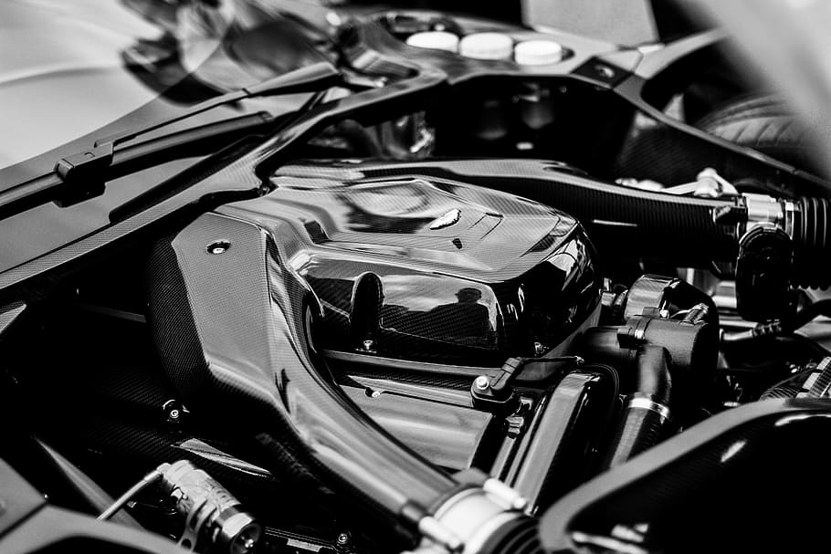 grayscale photography, vehicle engine bay, engine, supercar, speed, automotive, power, design, car, fast