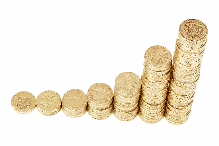 lote redondo de monedas de color dorado, dinero, monedas, pila, riqueza, finanzas, barra, negocios, gráfico, diagrama