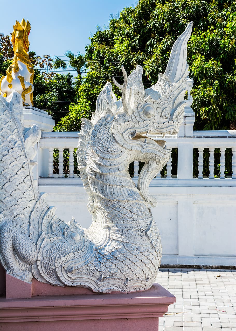 dragons, white, temple complex, temple, north thailand, sculpture, art and craft, statue, representation, architecture
