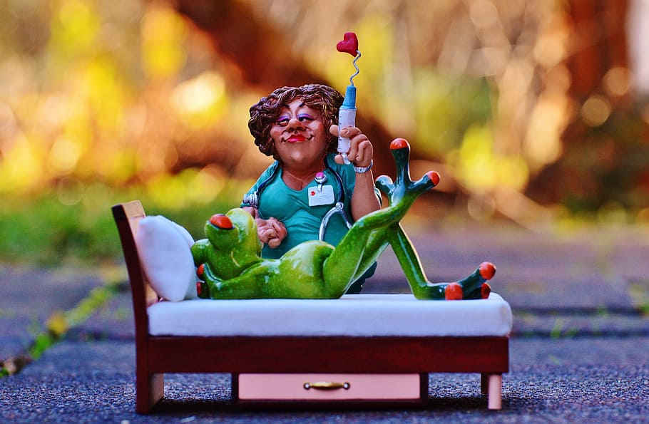 woman, sitting, frog, lying, figurines, nurse, sweet, bed, decoration, cute