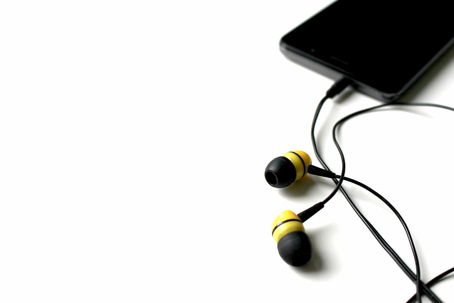 black, yellow, canalbuds plug, android smartphone, mobile phone, cable, headphones, jack plug, plug, headphone