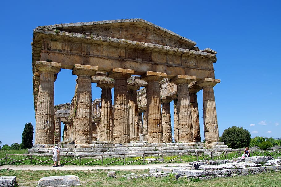 parthenon, paestum, salerno, italy, temple of neptune, magna grecia, ancient temple, greek temple, doric style, archaeology