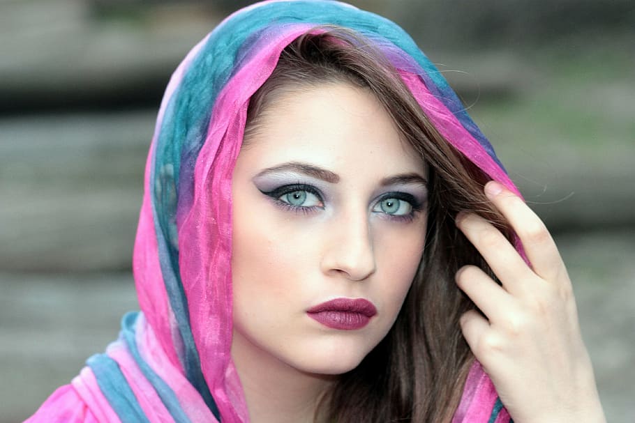 woman, wears, blue, pink, head scarf, girl, scarf, cover, oriental, blue eyes