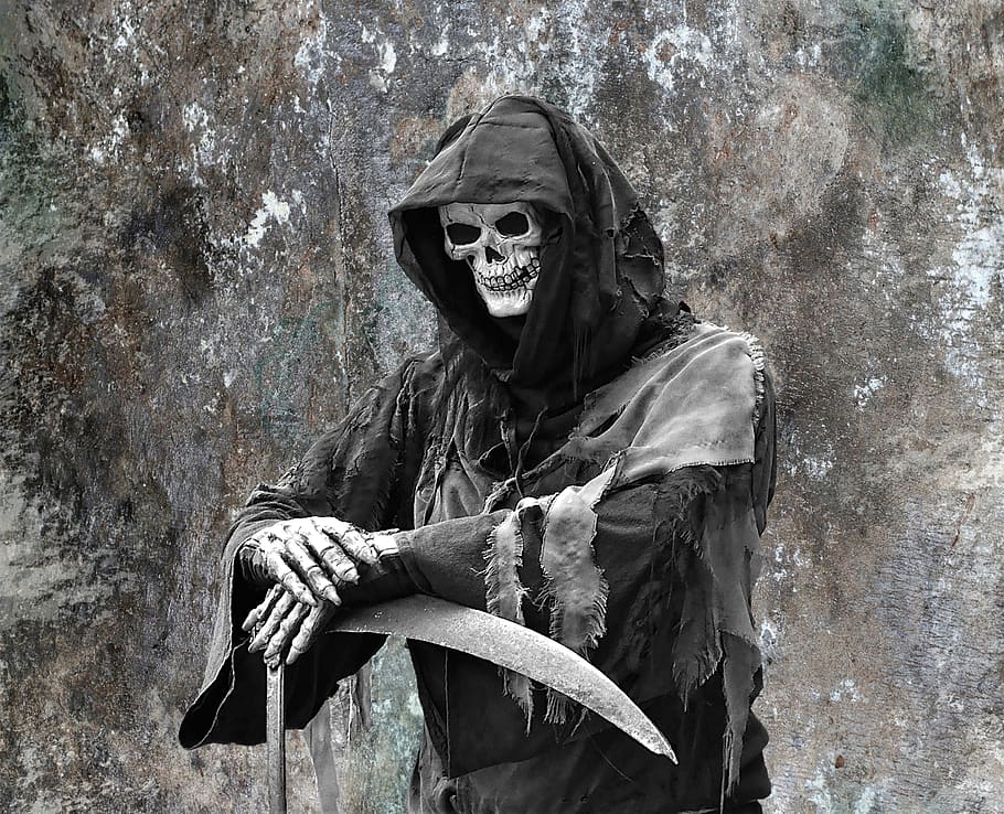 hombre cortador, guadaña, escalofriante, miedo, horror, escalofríos, panel, esqueleto, pixabay, componer