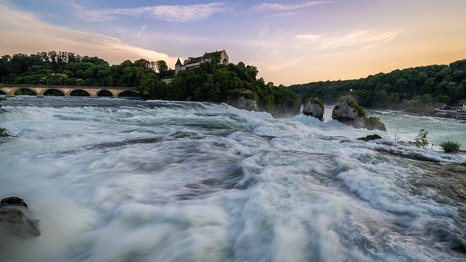 rhine falls, rhine, schaffhausen, cachoeira, rio, rugindo, massa de água, espuma, enorme, natureza