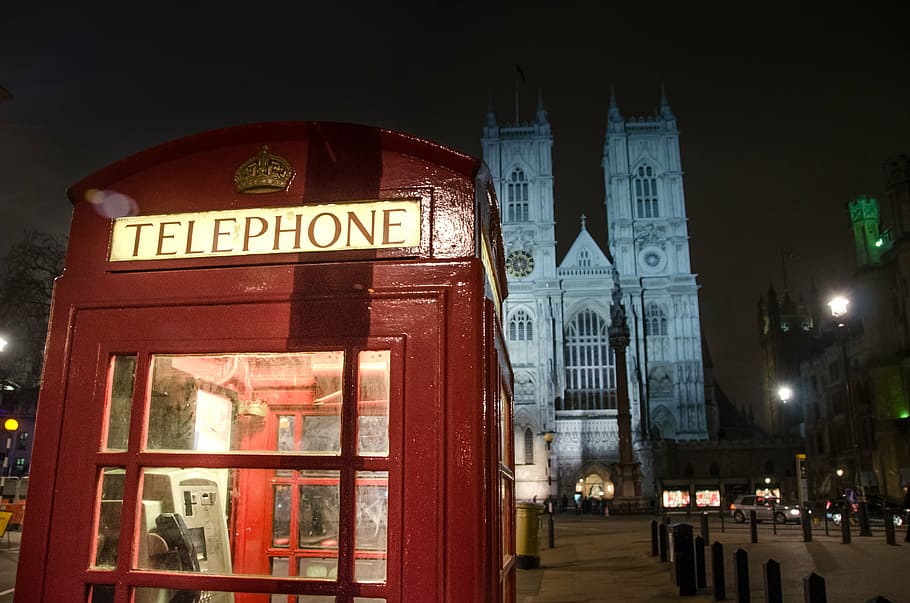 vacant, red, telephone booth, nighttime, phone booth, london, england, telephone, phone, box