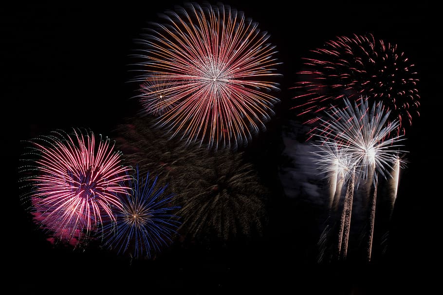 novo, ano, véspera de fogos de artifício, véspera de ano novo, fogos de artifício, celebração, foto, domínio público, explodindo, noite