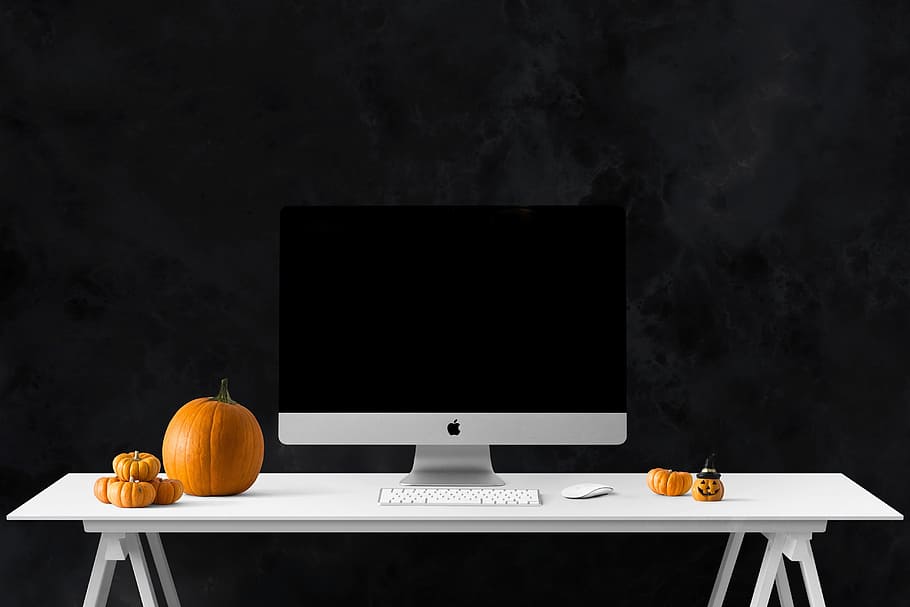silver imac, pumpkin, table, poster, mockup, imac, interior, desk, technology, computer