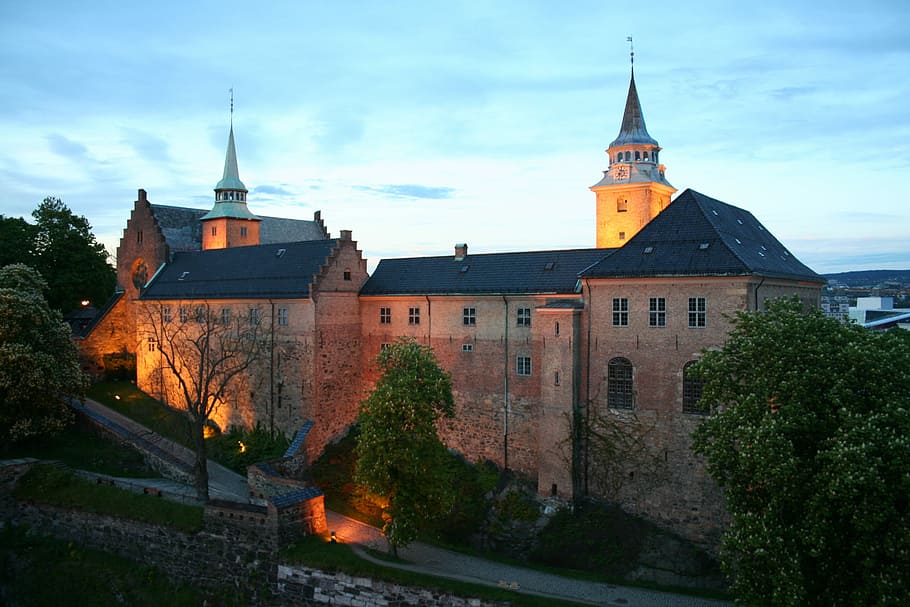 akershus, fortaleza, en la noche, noruega, fortaleza de akershus, edificio, históricamente, arquitectura, oslo, punto de referencia