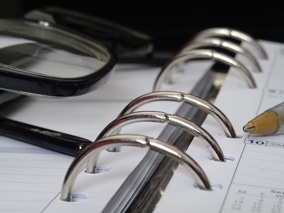 black, framed, eyeglasses, spring notebook, planner, glasses, time management, notebook, secretary, assessment
