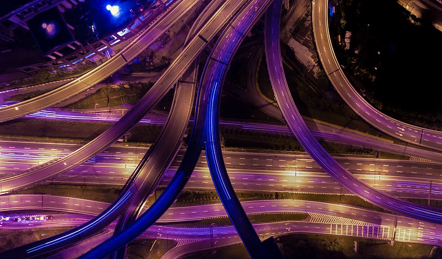 time-lapse photography, vehicles, passing, road, night time, architecture, building, infrastructure, way, street