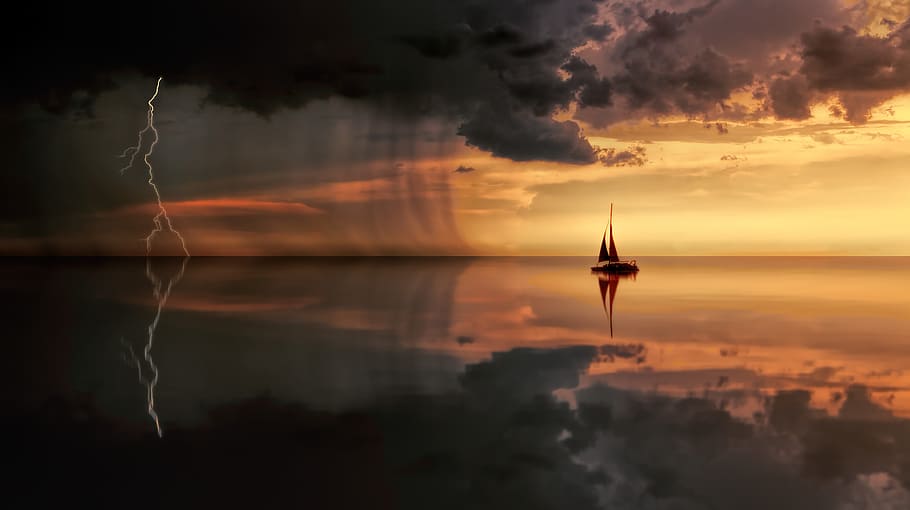 silhouette photo, ship, sea, nimbus clouds, sunset, nature, waters, dusk, dawn, ocean