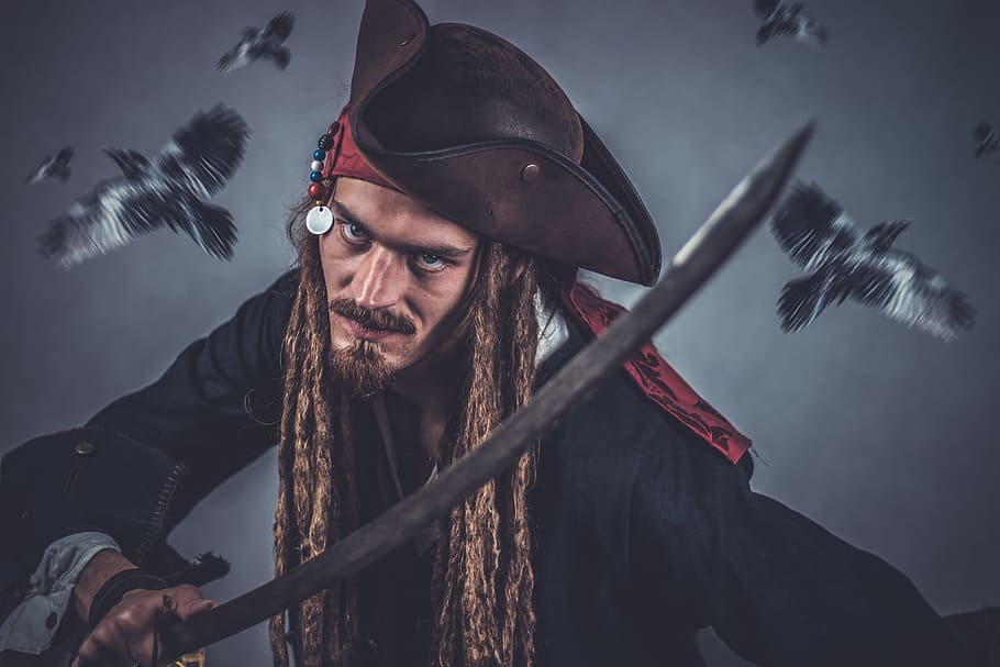captain jack sparrow, pirate, sword, pirate head, seafarer, outlaw, thief, captain, crow, dreadlocks