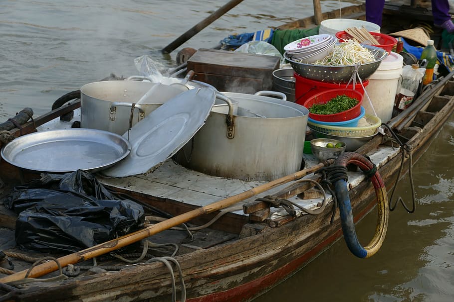 vietnam, asia, kitchen, transport, ship, boot, shipping, mekong river, pot, bowl