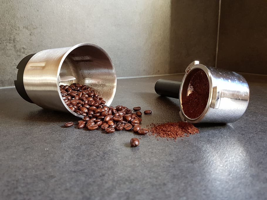 café, café en grano, café exprés, marrón, molino, café en polvo, polvo, acero inoxidable, cromo, metal