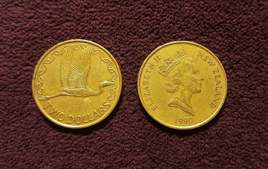 two, yellow, round gold-colored coins, coins, dollars, two dollar coin, gold coins, new zealand currency, currency, money