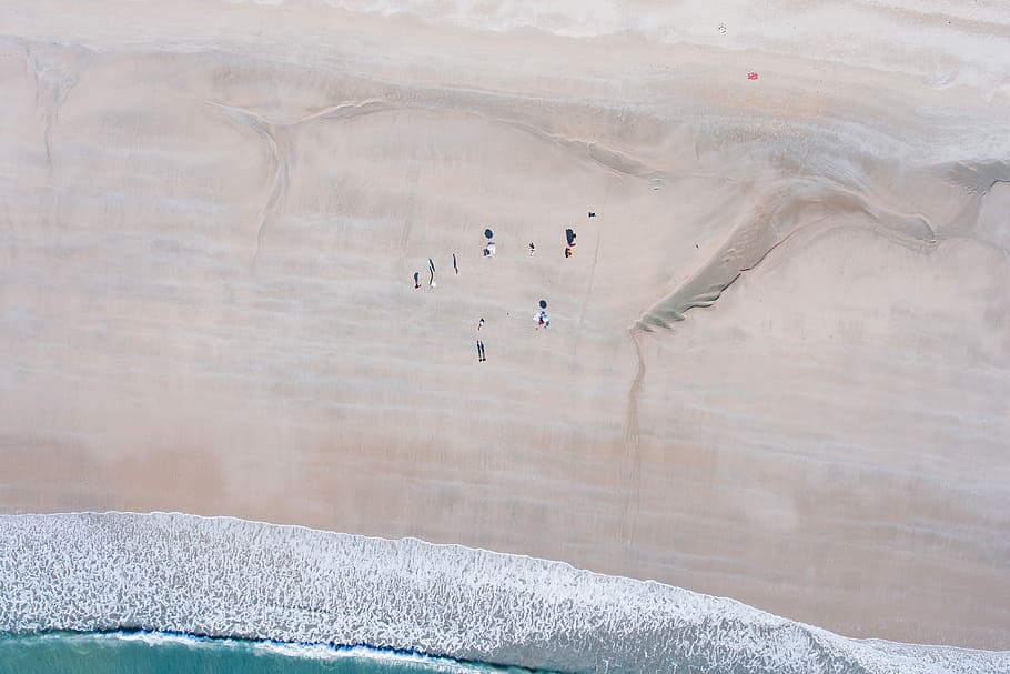 aerial, photography, land, sea, aerial photography, beach, blue, people, pink, sand