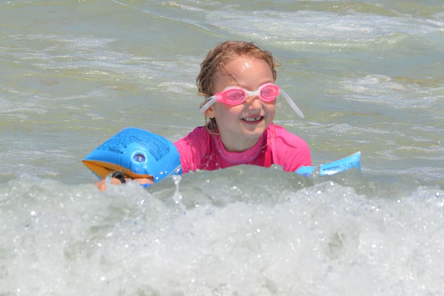 child, girl, surf, waves, surfboard, people, sports, swimming goggles, uv-resistant clothing, sea