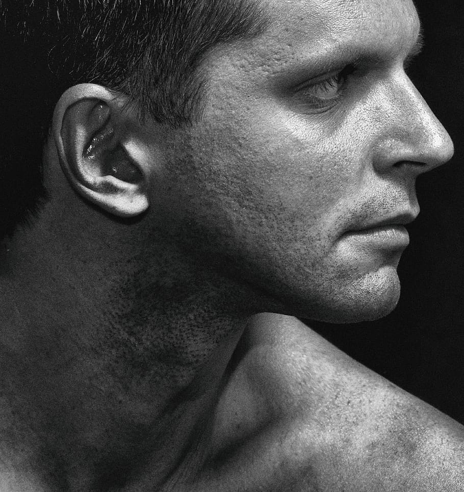 man, portrait of a man, studio, profile, black and white, large face, adult, view, headshot, portrait
