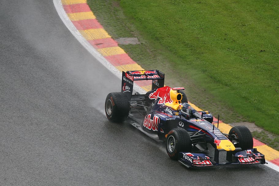 blue, yellow, redbull f 1, f1, road, daytime, car, race, wet, competition