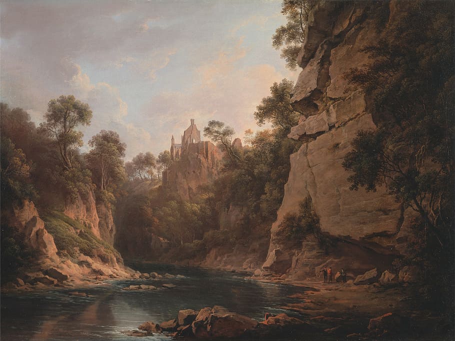 body, water, rocks, trees artwork, alexander nasmyth, painting, oil on canvas, artistic, nature, outside