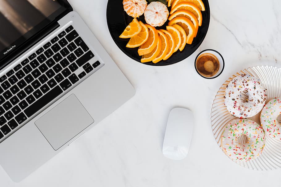 donuts, coffee, flat, flatlay, marble, white, desk, Macbook, Laptop, food and drink