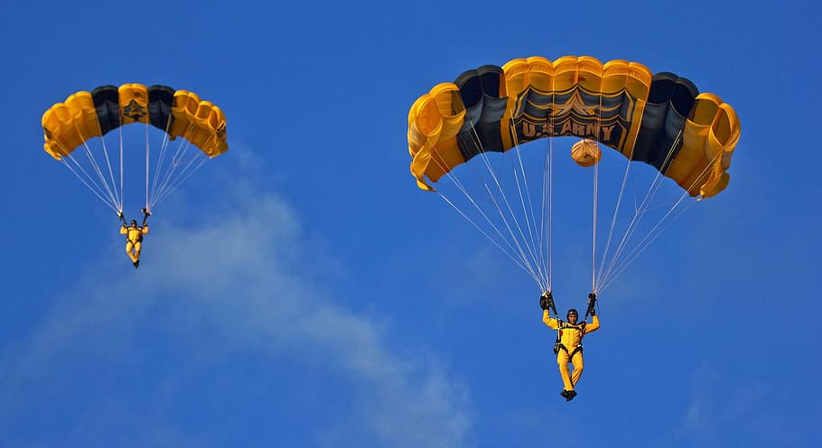 black, yellow, paraglide, Skydivers, Parachuting, Army, parachute team, parachute, skydiving, jumping