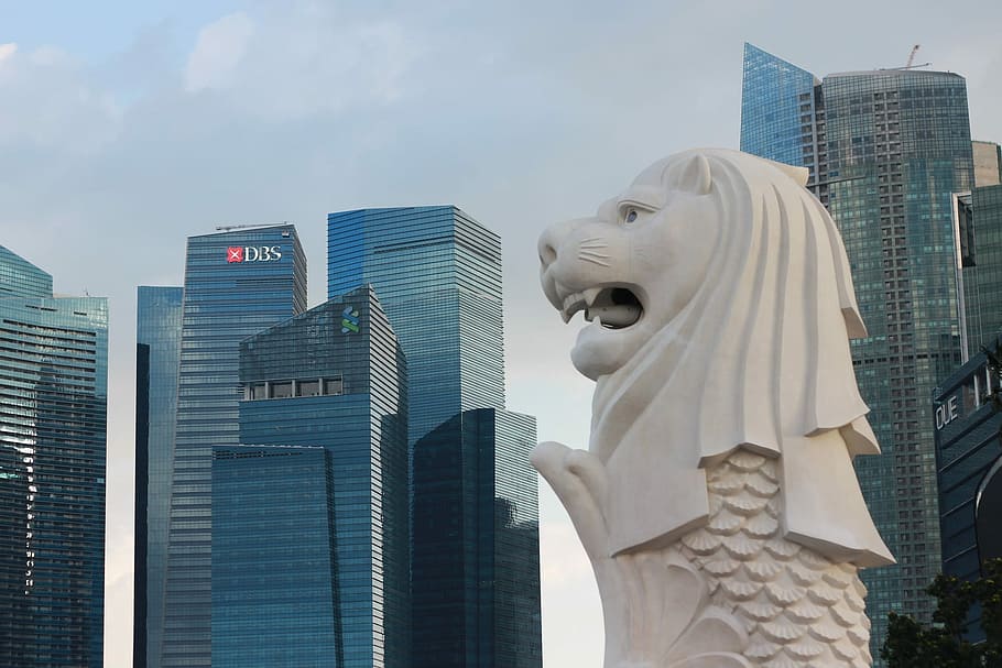 singapore merlion park, Singapore, Merlion Park, pencakar langit, arsitektur, Scene urban, kota, bangunan Exterior, patung, Struktur yang dibangun