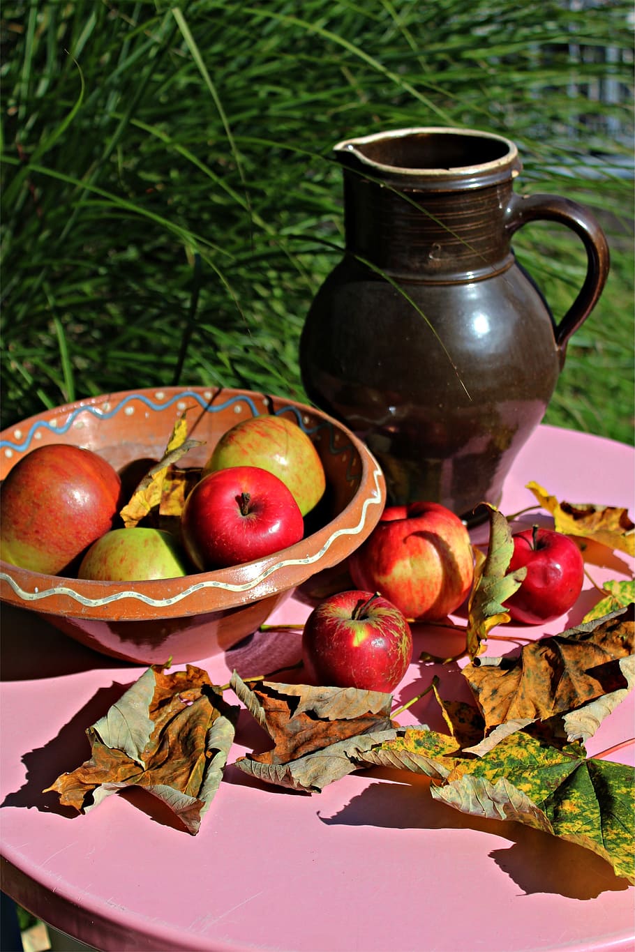 maçã, outono, fruta, colheita, natureza, enfeites de mesa, jarra, caçarola, humor, maduro