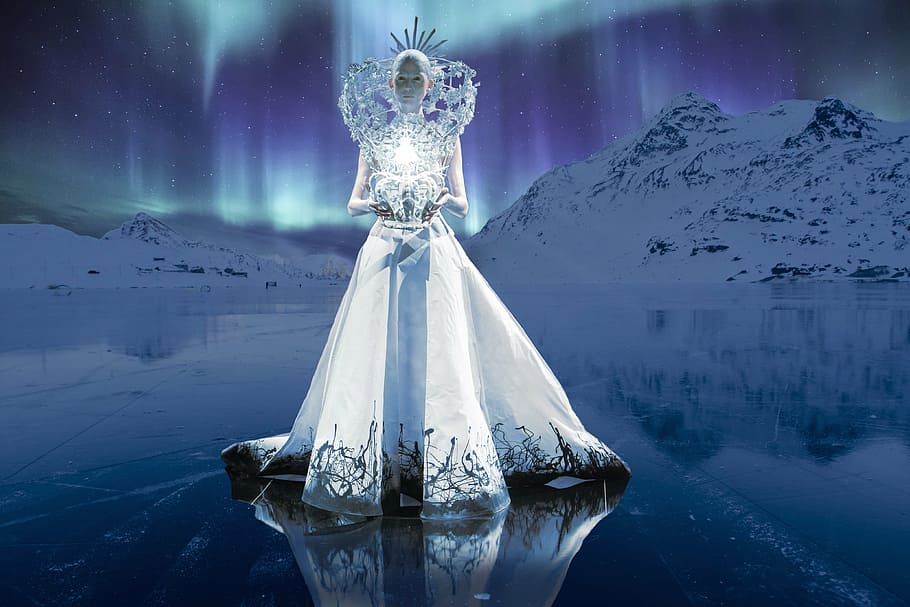 woman, wearing, white, dress, mountain, queen, ice, northern lights, light, north pole