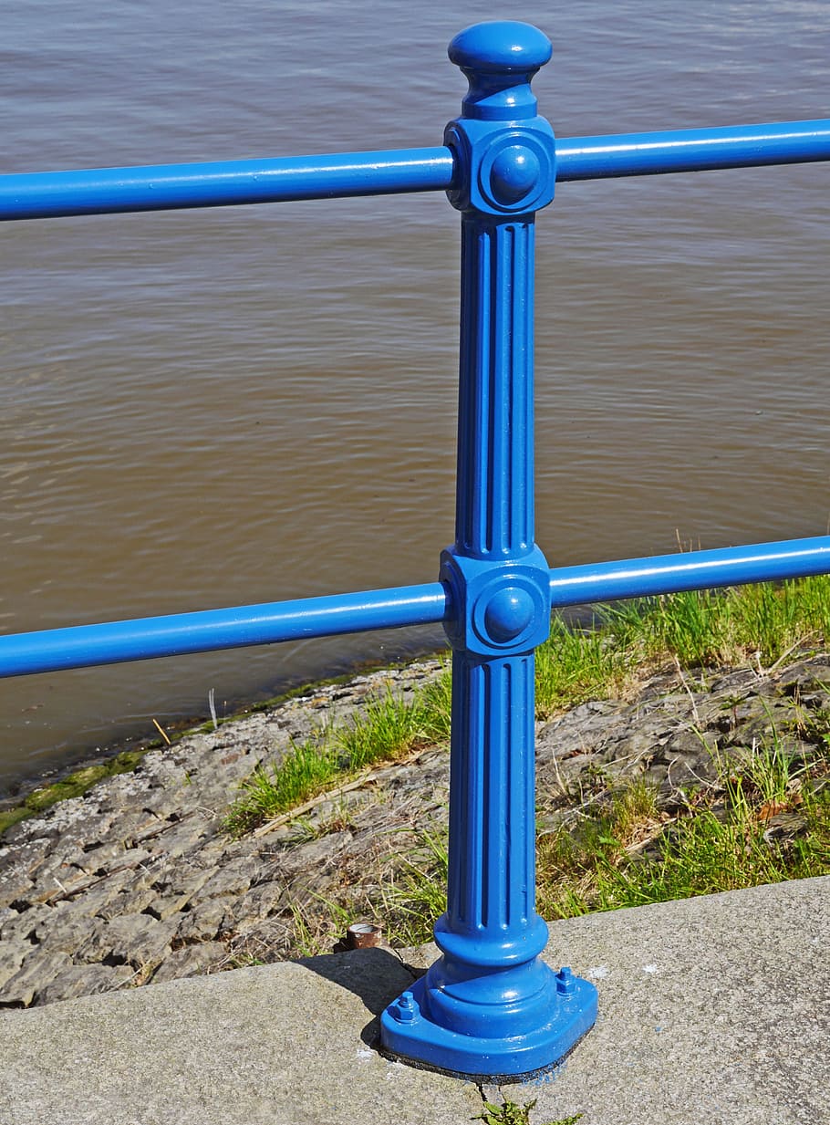 old railings, metal, cast iron, freshly painted, blue, protection, docks, inland port, emden, water
