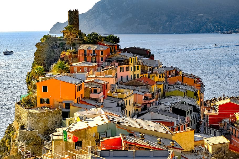 assorted-color houses, island, cinque terre, vernazza, village, mediterranean, coast, seascape, landscape, liguria