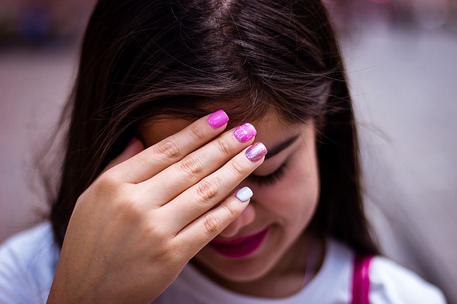 girl, shy, hand, nails, pink, hiding face, women, offspring, childhood, close-up