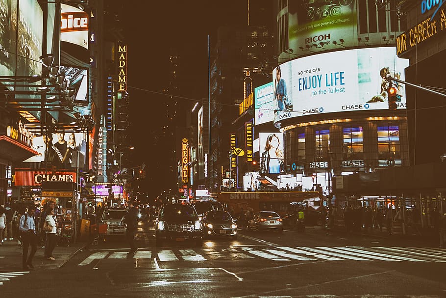 tiro de rua durante a noite, tomadas, manhattan, nova, cidade de york, horário noturno, rua, tiro, Time Square, cidade de Nova York