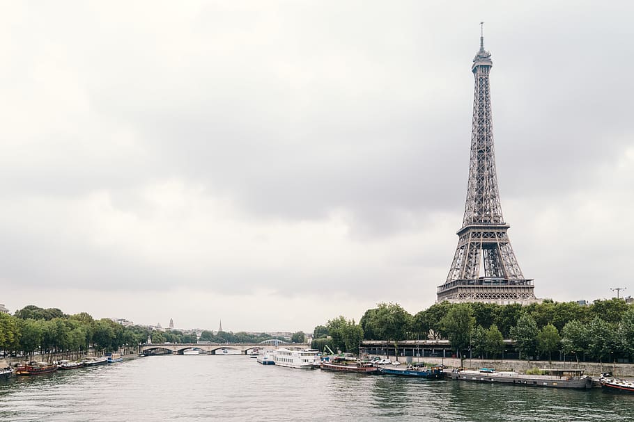 architecture, structure, eiffel, tower, trees, bay, boats, yachts, river, seine