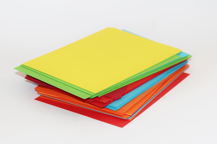 paper lot, colorful paper, cards, colorful, studio shot, white background, multi colored, paper, indoors, document