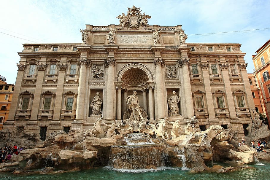 Fuente de Trevi, romano, Italia, estatua, arquitectura, escultura, fuente, destinos de viaje, exterior del edificio, representación humana
