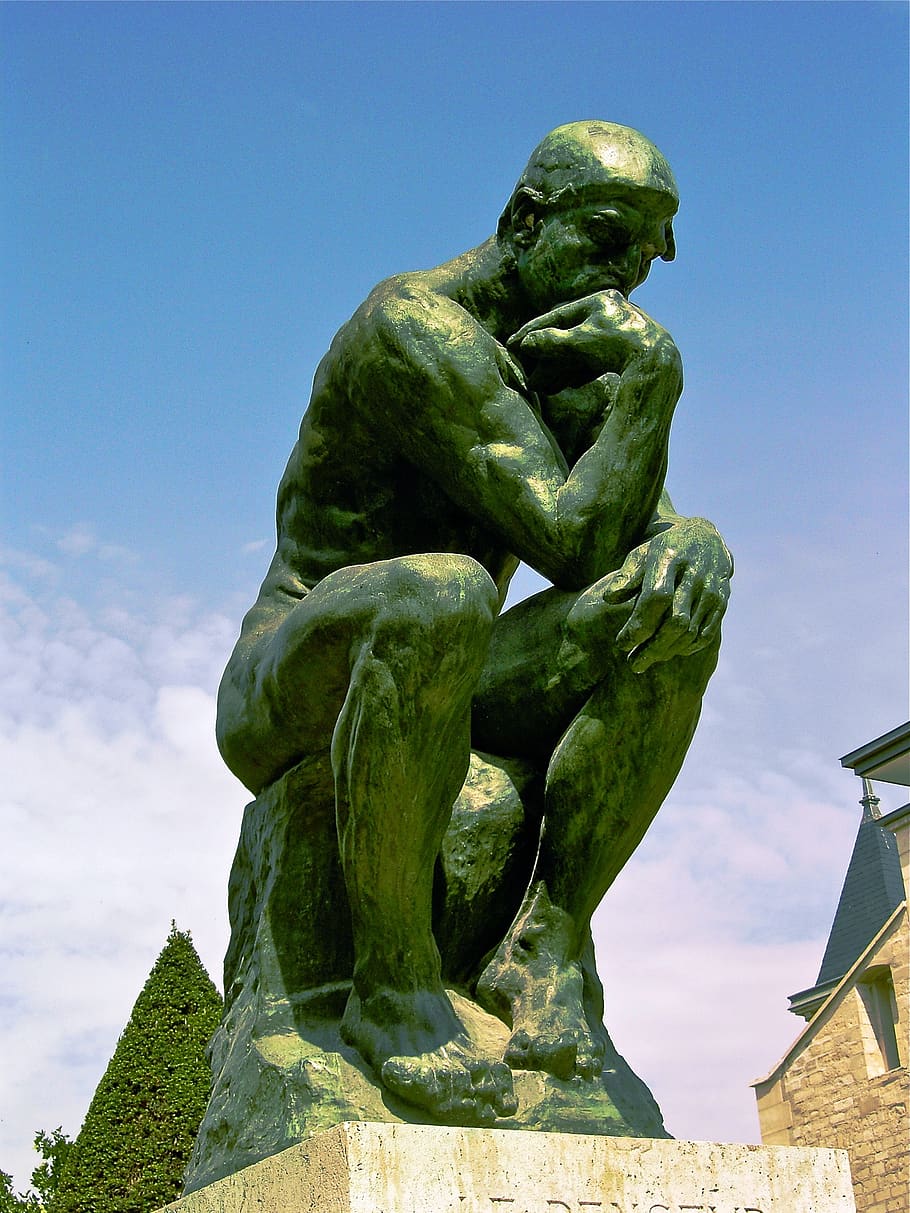 the thinker, august rodin, 1881-1882, bronze, famous sculpture, rodin museum, biron hotel, paris, france, stone pedestal