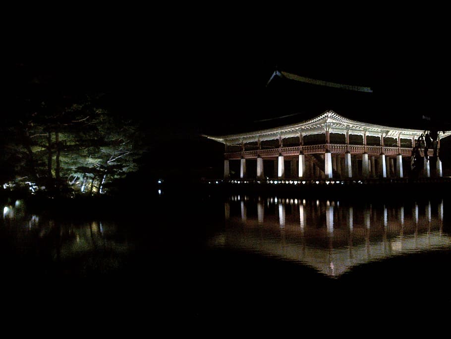 Palacio Gyeongbok, República de Corea, ciudad prohibida, agua, reflexión, arquitectura, iluminado, noche, estructura construida, nadie