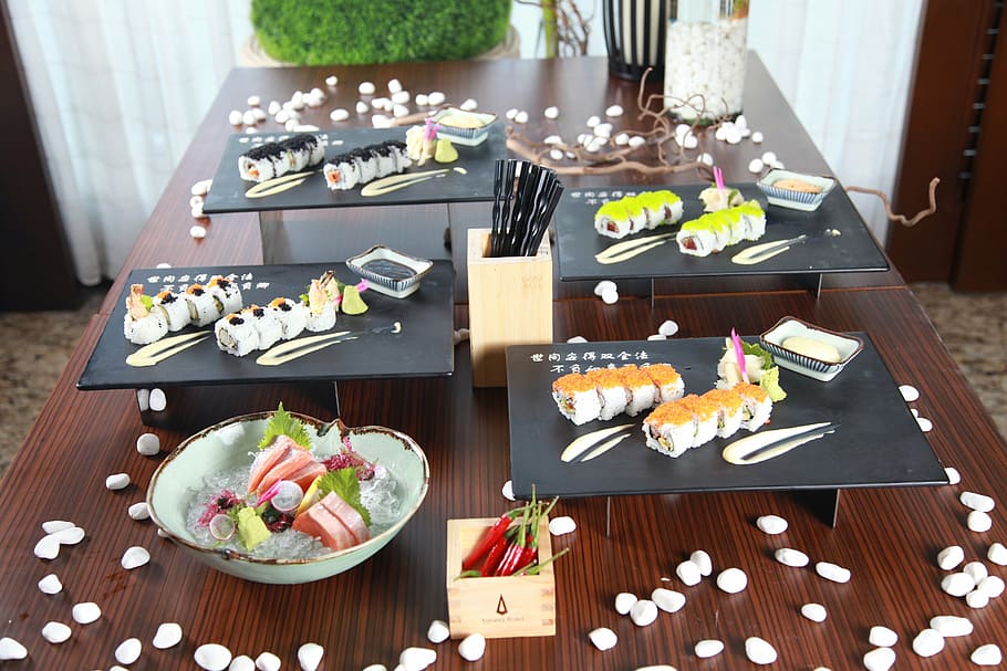 sushis, served, black, trays, brown, table, asian food, sushi japan, meal, seafood