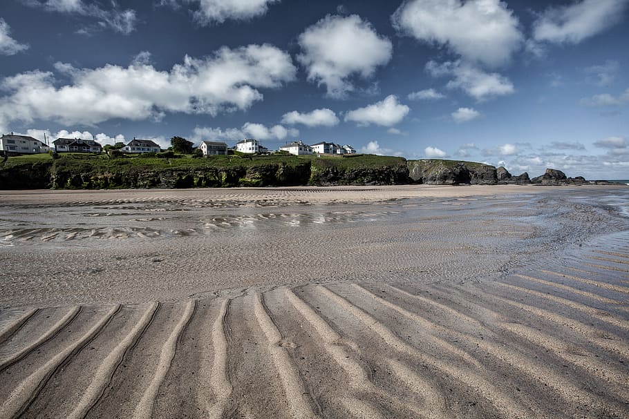 sandy, beach, england., captured, porthcothan bay, Sandy beach, Cornwall, England, was captured, Porthcothan
