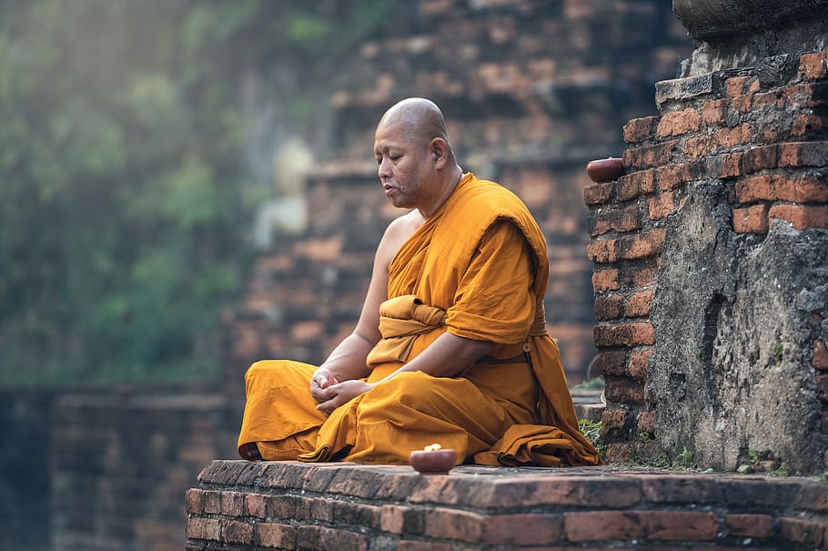 meditating, monk, brown, brick wall, adult, eat, ancient, asia, burma, faith