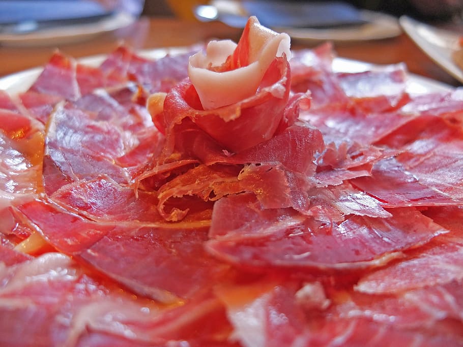 sliced, bacon, served, plate, ham, tapas, close-up, freshness, food, food and drink