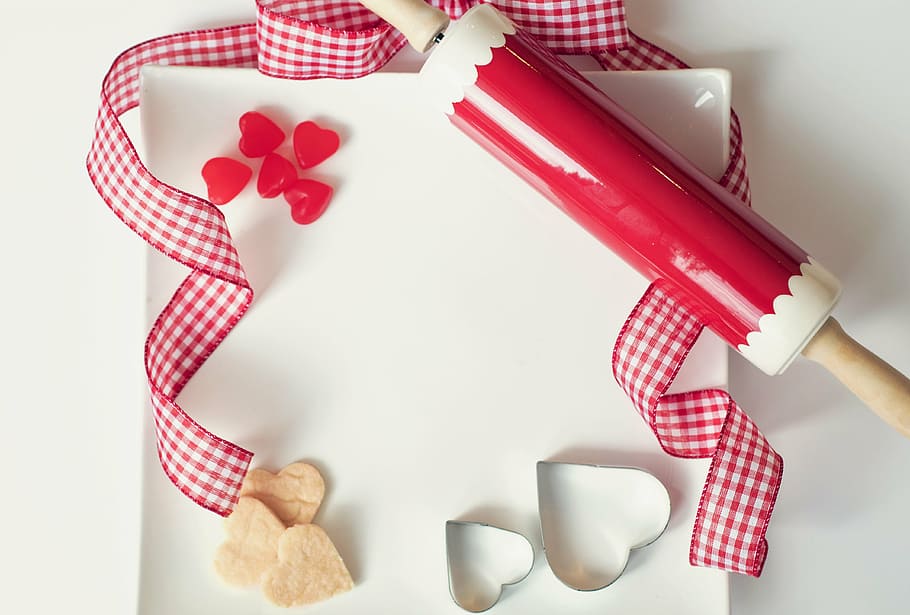 red, white, rolling, pin, board, valentines day background, valentines day, valentine, valentines day cookies, baking