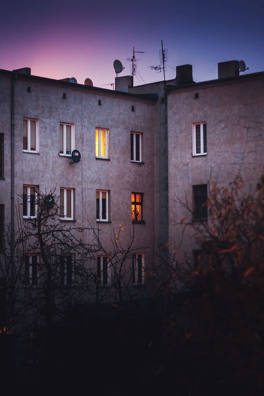 old, tenement, house, building, windows, night, city, vintage, lodz, polska