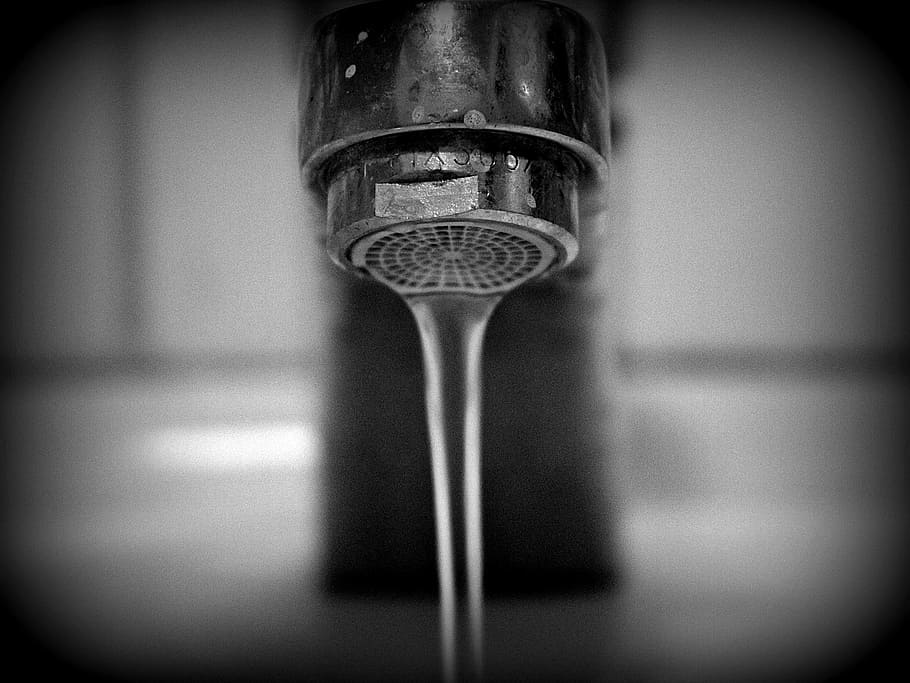 grayscale photography, opened, faucet, water, bad, sanitaryblock, water running, drinking water, liquid, water basin