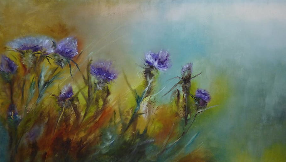 ungu, lukisan bunga kelopak, onak, minyak, kain, lukisan, Gambar yang dilukis, latar belakang, alam, abstrak
