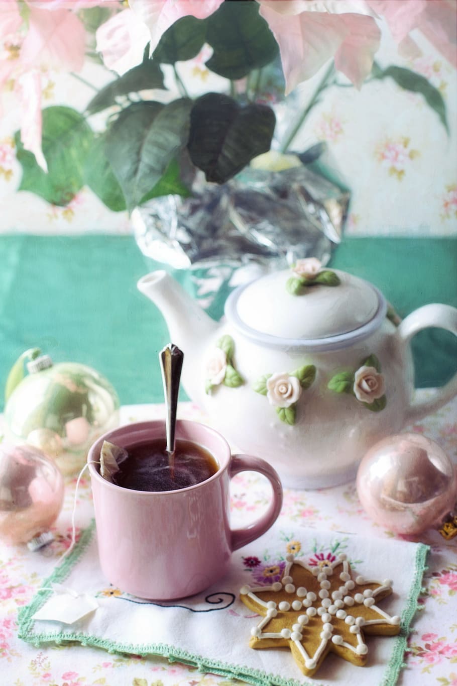 rosado, cerámico, taza de té, té, hora del té, diciembre, navidad, taza, bebida, caliente