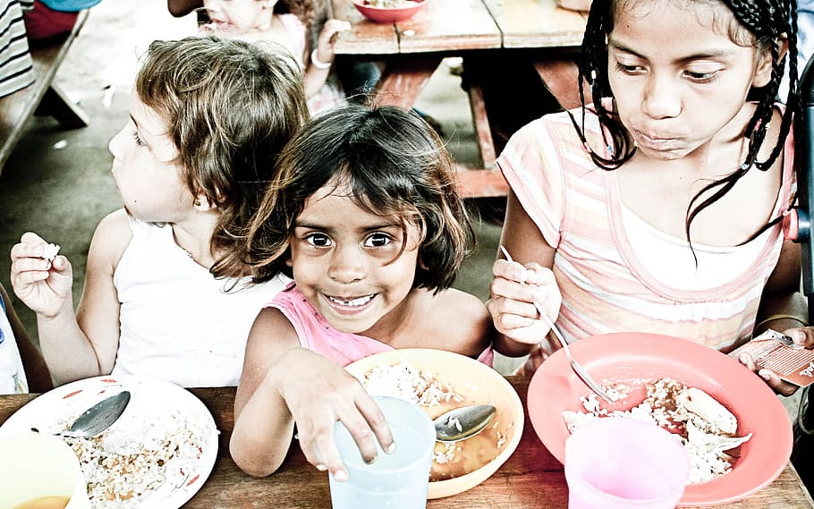 three, child, eating, table, orphans, kids, poverty, childhood, hungry, girl